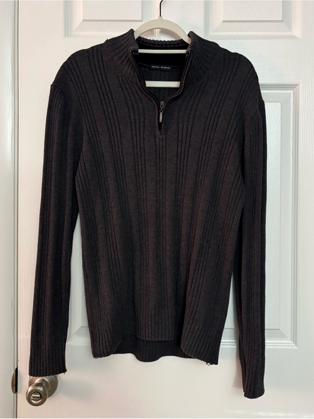 Michael Brandon Men's Dark Grey Ribbed quarter-Zip Sweater